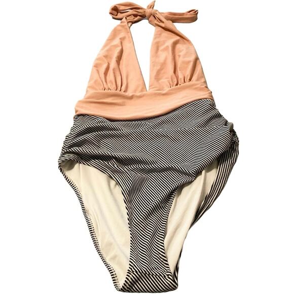Cupshe One-Piece Swimsuit Tie Halter Deep V Plunge Large Peach & Striped Beachy - Picture 1 of 11
